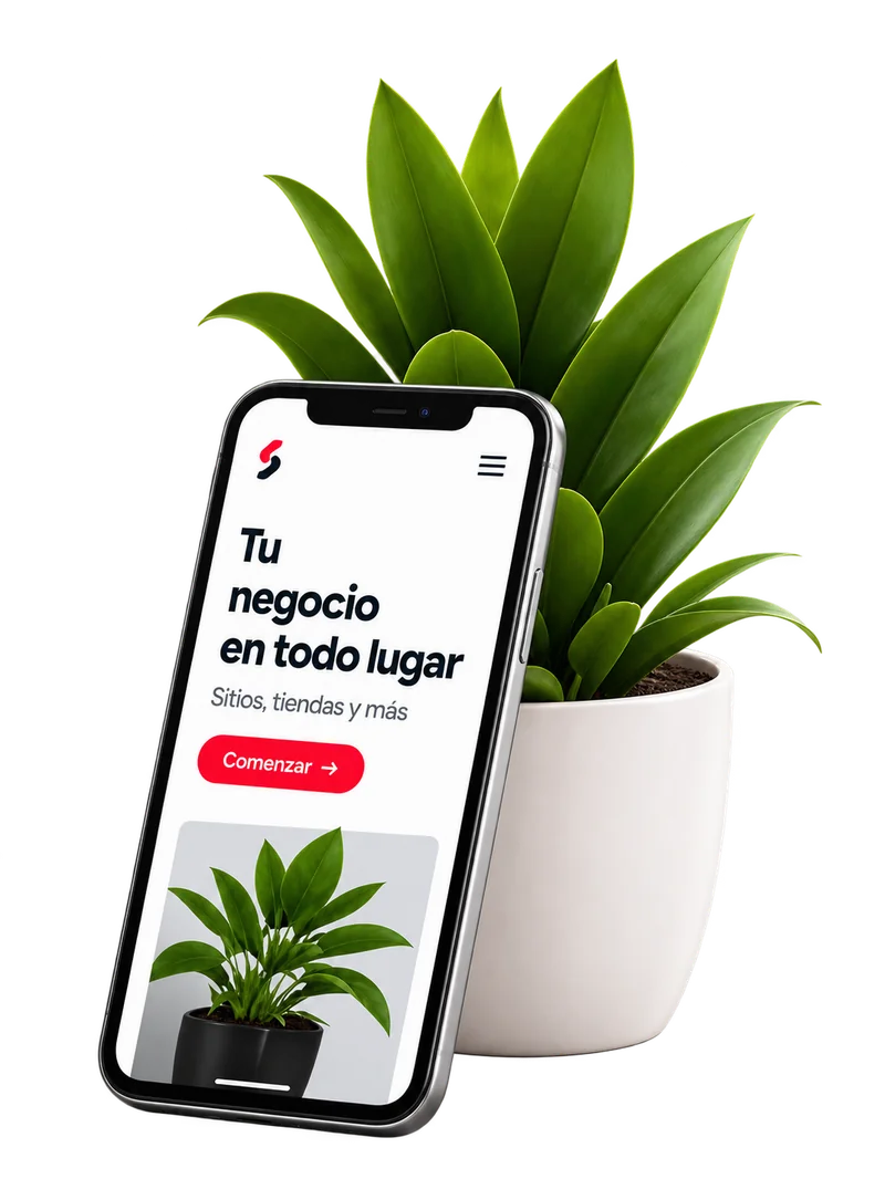 Sitio web móvil de un negocio digital en un celular junto a una planta