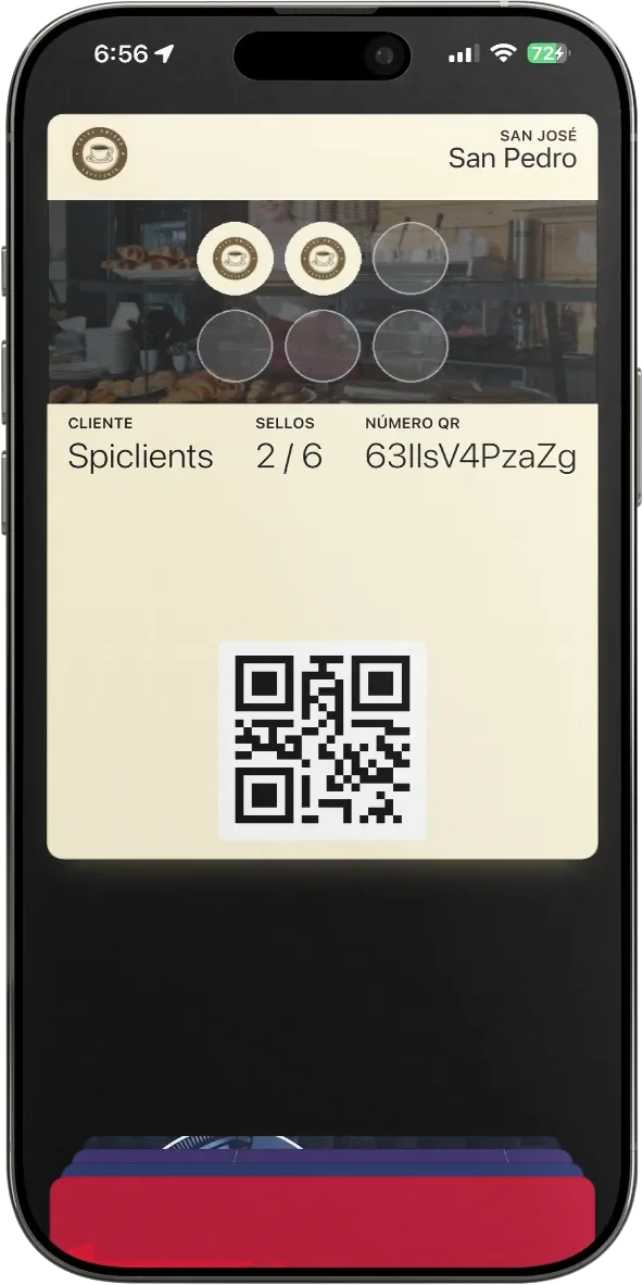 Tarjeta de sellos digital de SpiClients con código QR en Apple Wallet